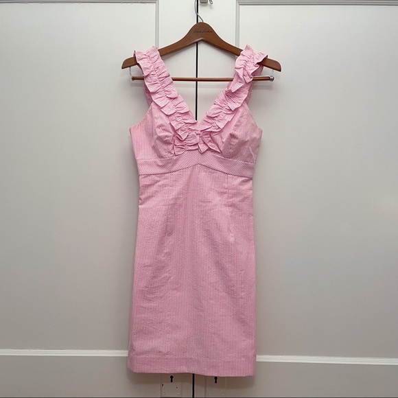 Lilly Pulitzer Phoebe Ruffle-Neck Pink Seersucker Sheath Dress (Size 0) - Picture 2 of 5